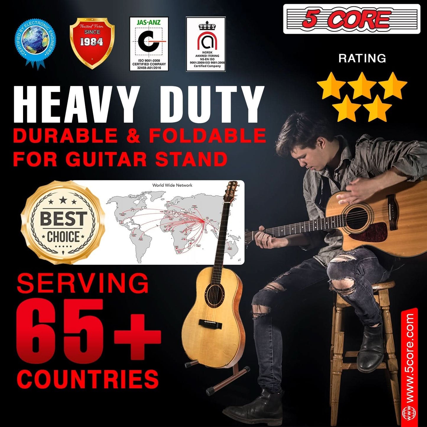5 Core Guitar Stand A Frame Shape w Soft Foam Arm Non Slip Rubber for