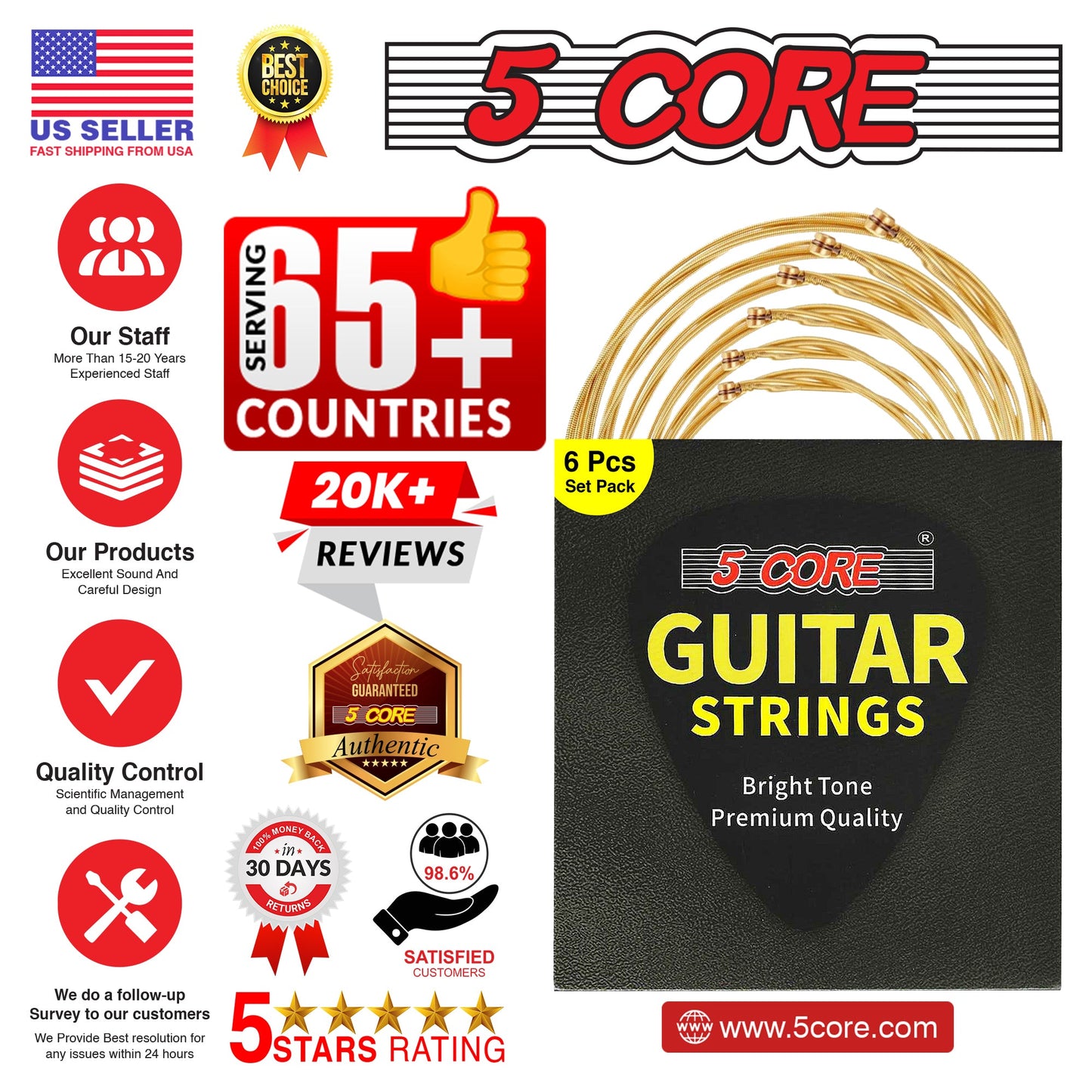 5 Core Acoustic Guitar 6 String Set Medium Gauge Steel Carbon Core