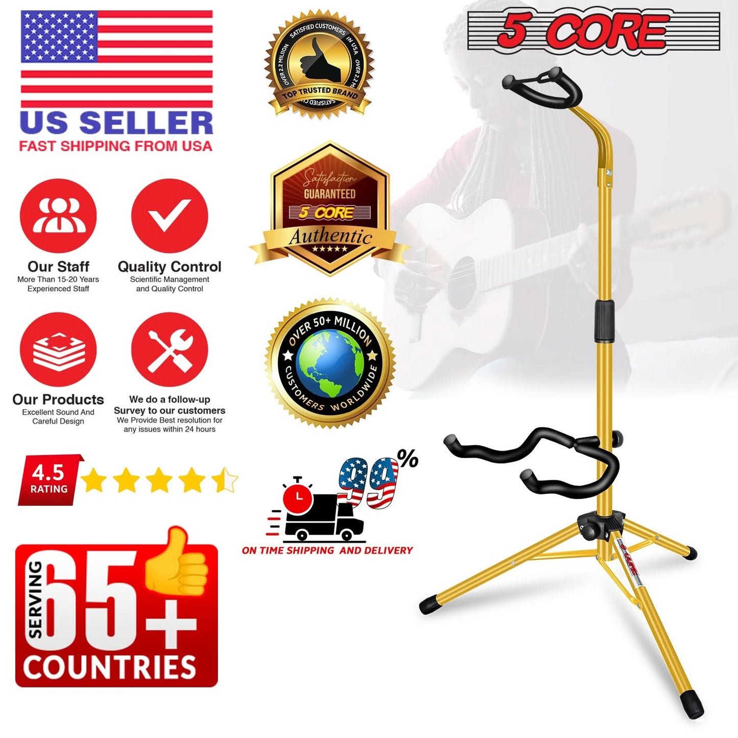 5 Core Guitar Stand Floor Adjustable Heavy Duty w Neck Holder for