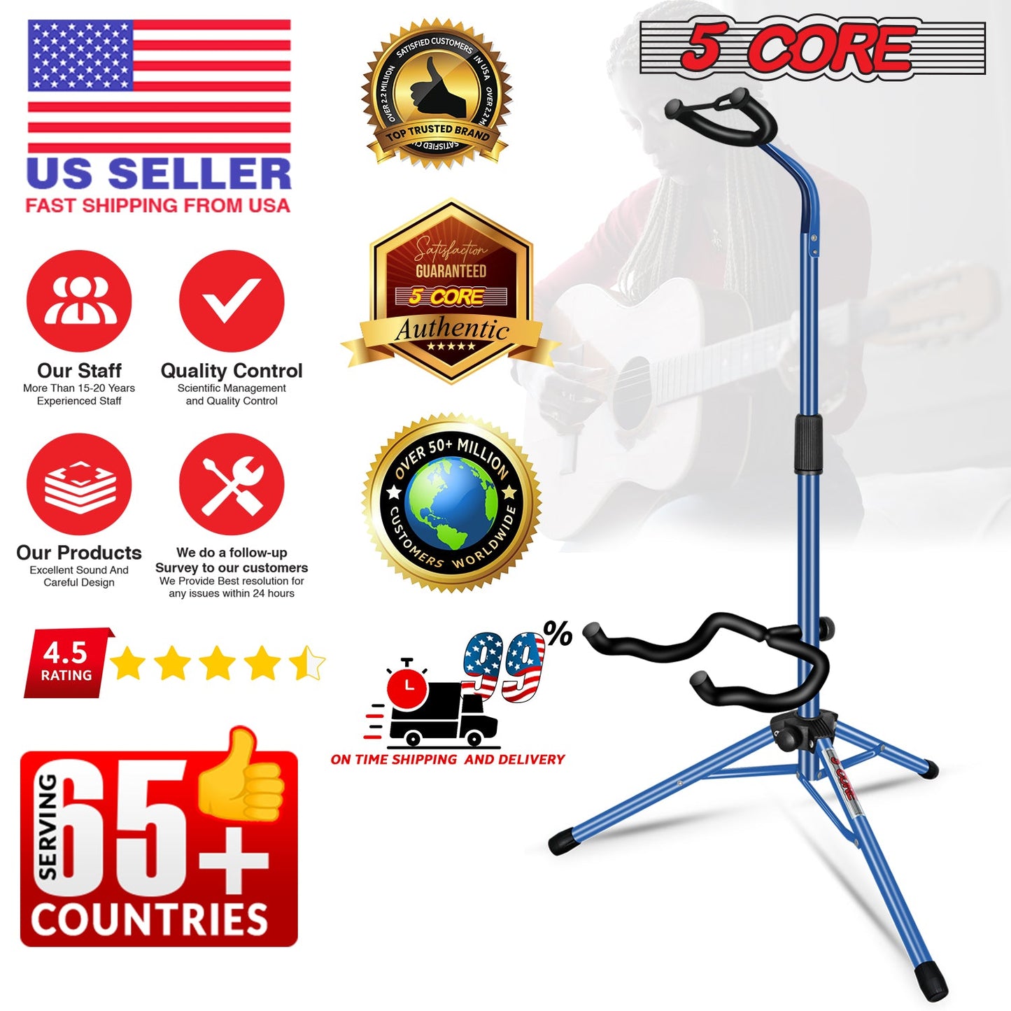 5 Core Guitar Stand Floor Adjustable Heavy Duty w Neck Holder for