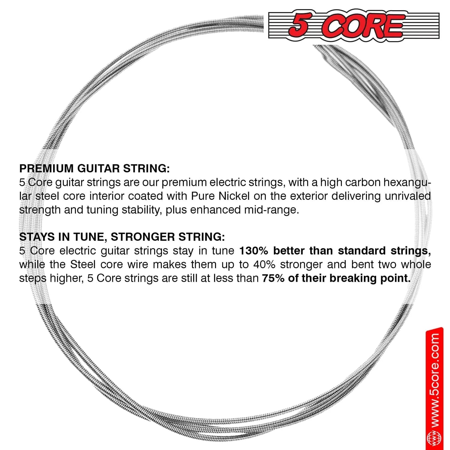 5Core Bass Electric Guitar Strings 0.045-.100 Gauge W Bright Tone for