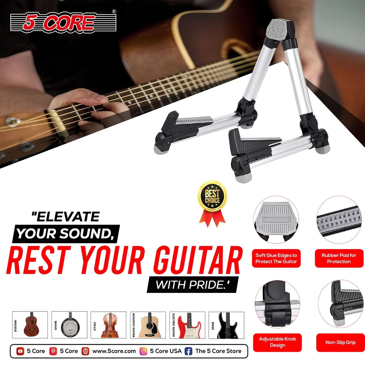 5Core Guitar Stand Floor Adjustable Aluminum a Frame Universal Folding