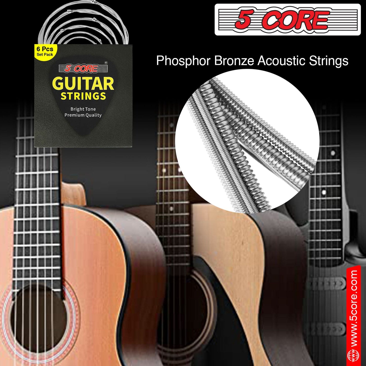 5 Core Acoustic Guitar 6 String Set Light Gauge Steel Carbon Core