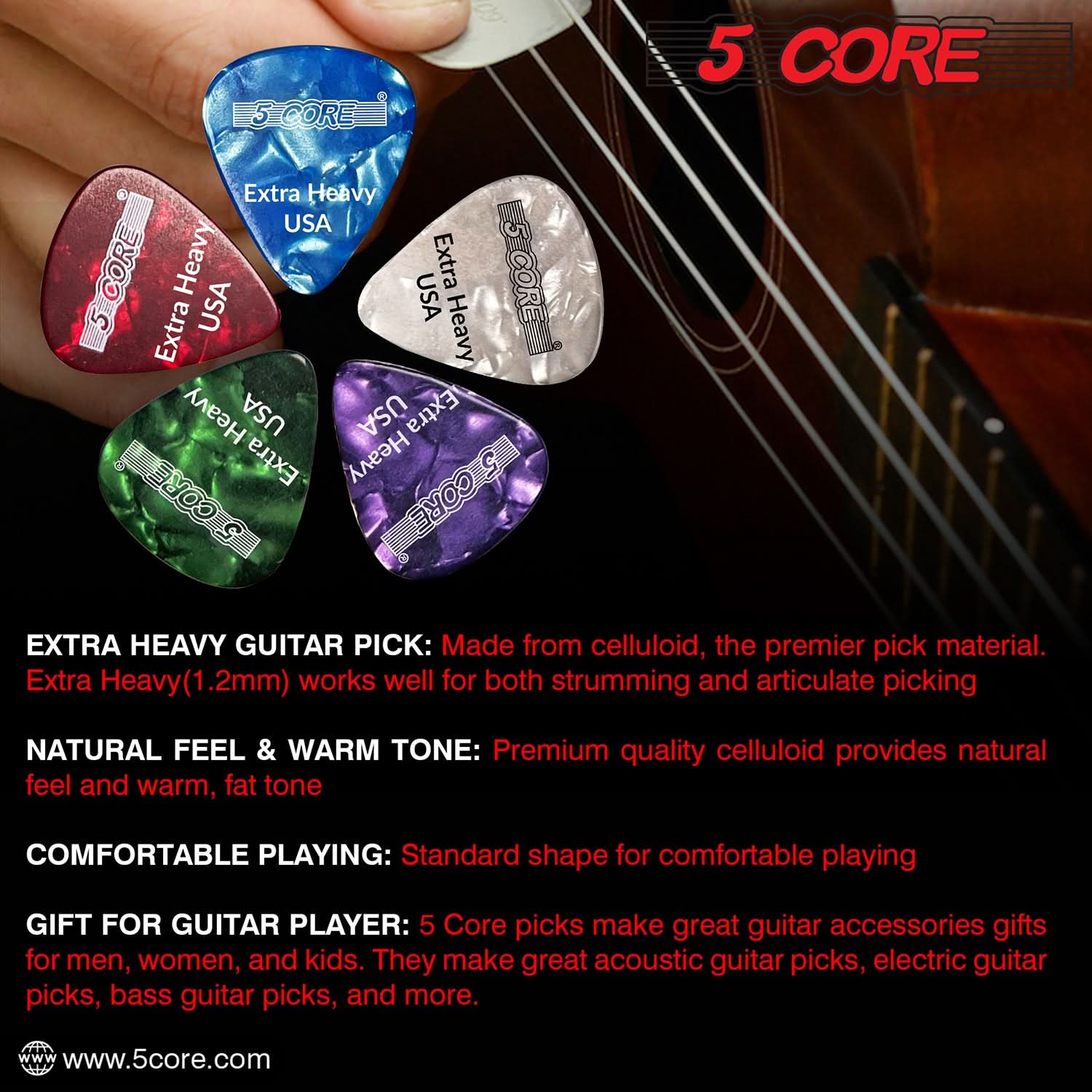5Core Guitar Picks 1.2mm Celluloid Extra Heavy Gauge Pick - Acoustic
