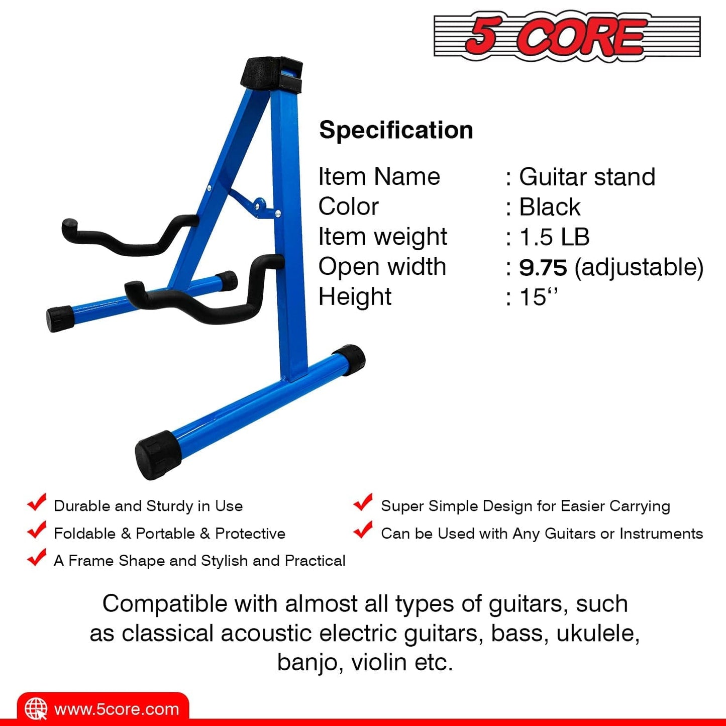 5 Core Guitar Stand A Frame Shape w Soft Foam Arm Non Slip Rubber for