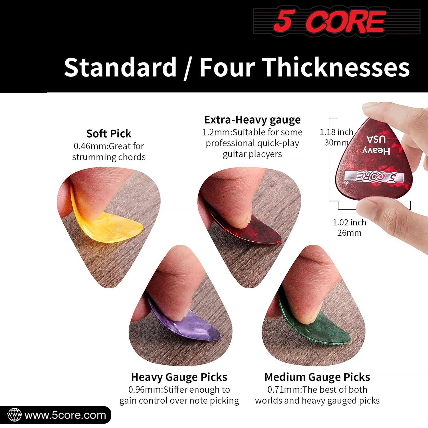 5Core Guitar Picks 0.96mm Celluloid Heavy Gauge Pick - Acoustic