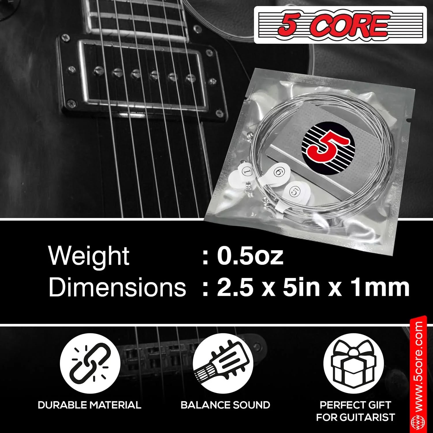 5Core Electric Guitar Strings Nickel 0.009-.042 Gauge W Bright Tone