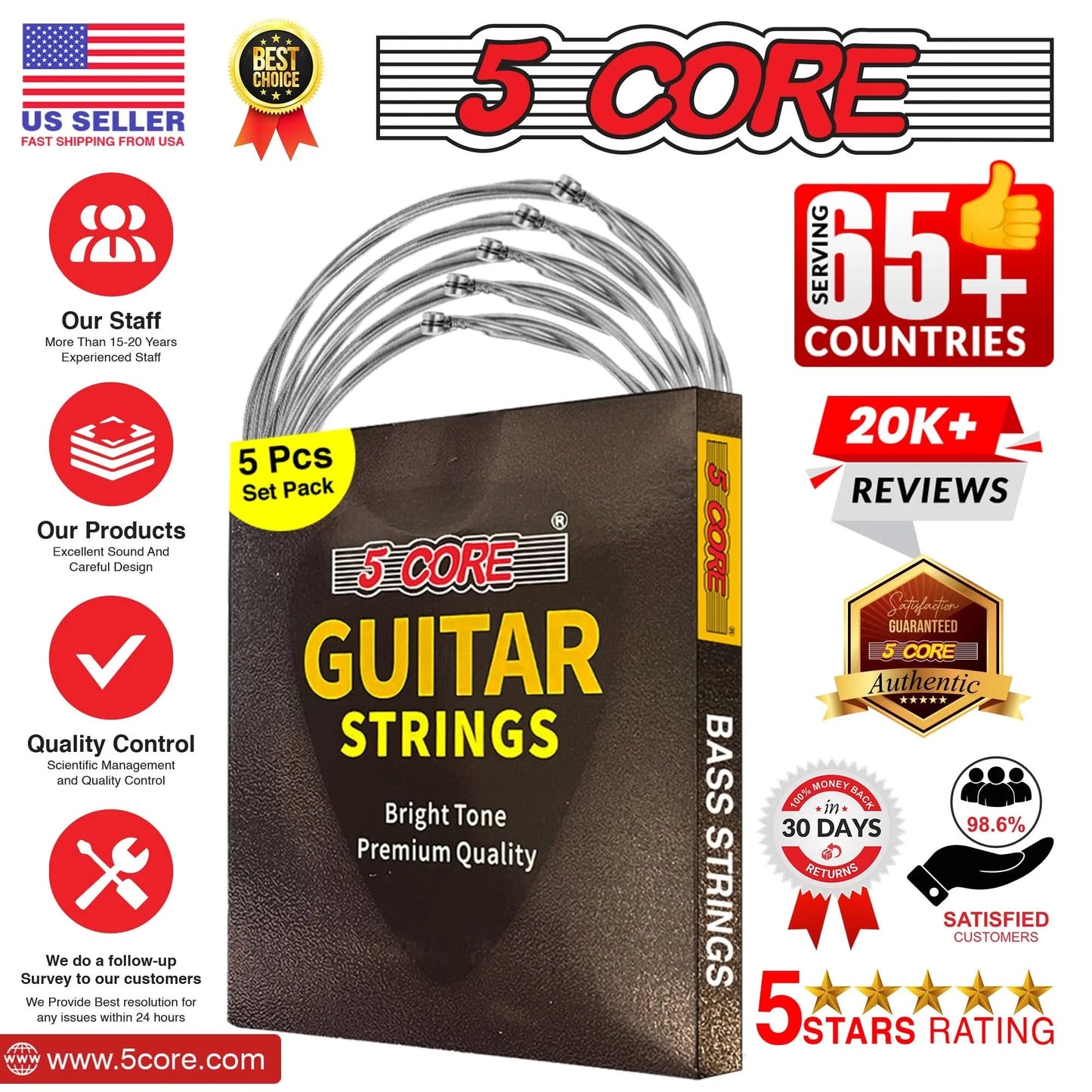 5Core Bass Electric Guitar Strings 0.045-.100 Gauge W Bright Tone for