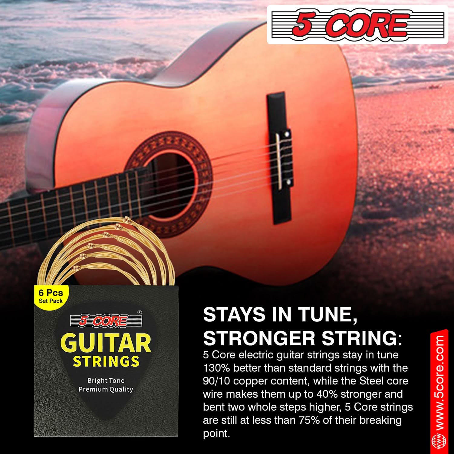 5 Core Acoustic Guitar 6 String Set Light Gauge Steel Carbon Core