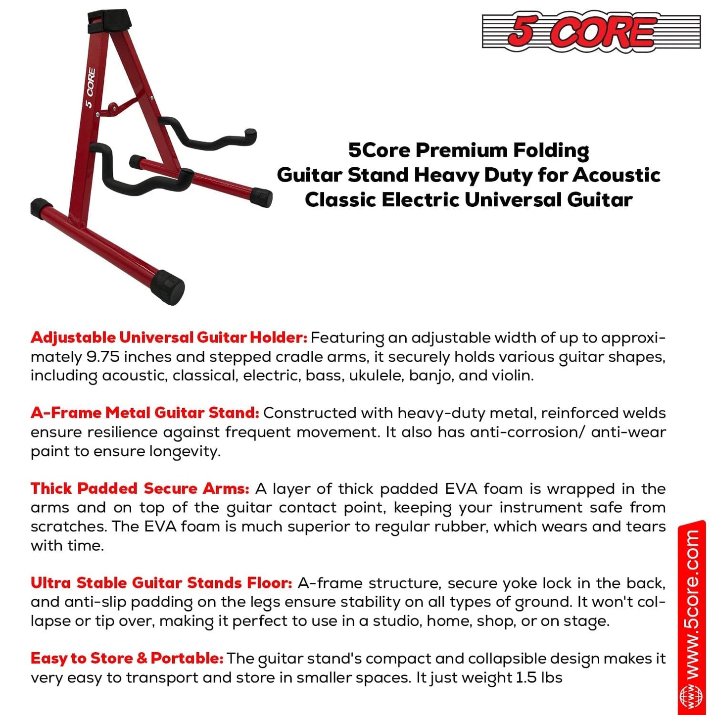 5 Core Guitar Stand A Frame Shape w Soft Foam Arm Non Slip Rubber for