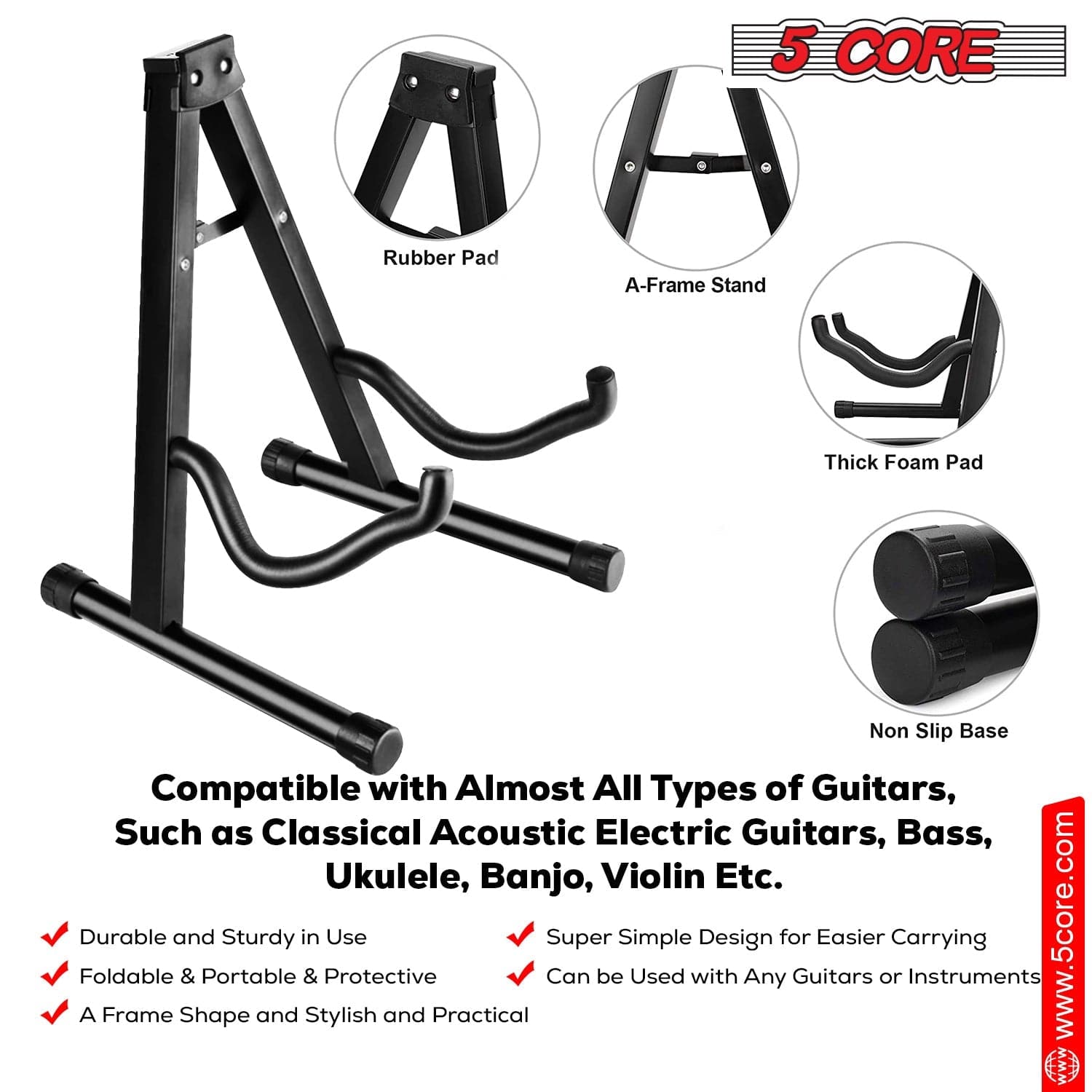 5 Core Guitar Stand A Frame Shape w Soft Foam Arm Non Slip Rubber for