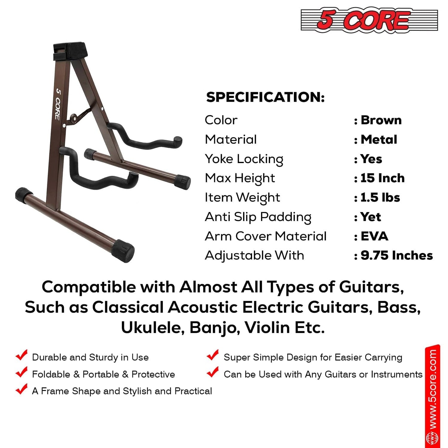 5 Core Guitar Stand A Frame Shape w Soft Foam Arm Non Slip Rubber for