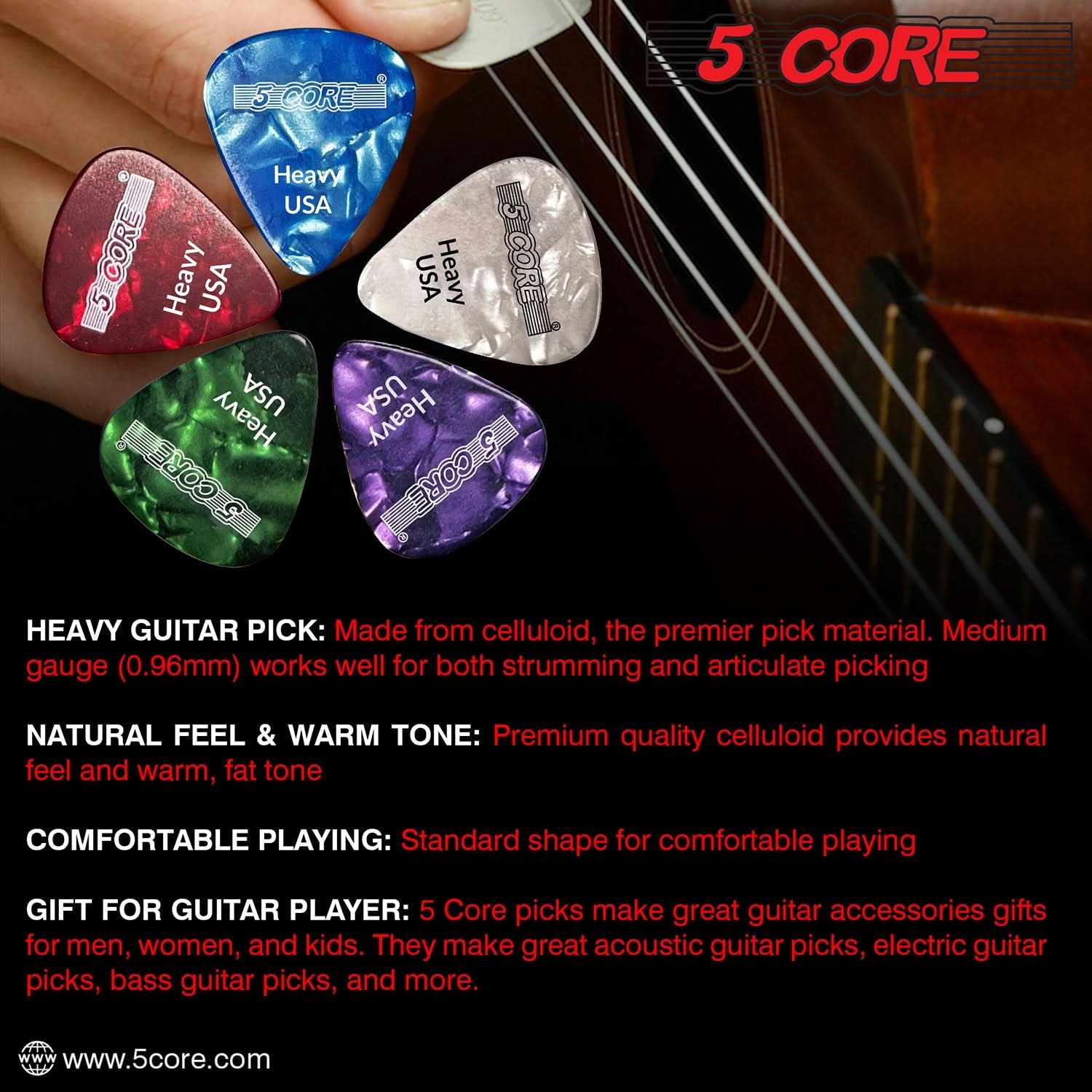5Core Guitar Picks 0.96mm Celluloid Heavy Gauge Pick - Acoustic