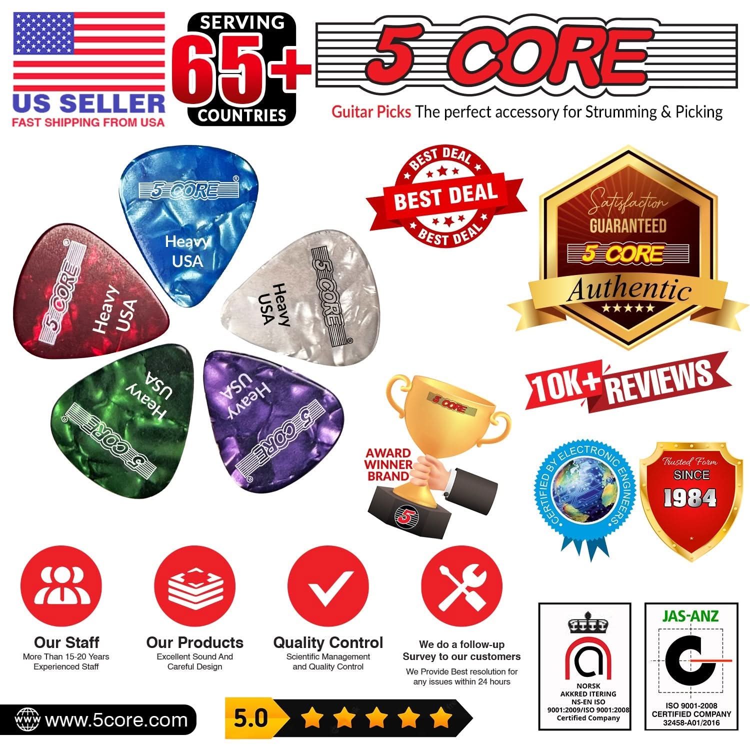 5Core Guitar Picks 0.96mm Celluloid Heavy Gauge Pick - Acoustic