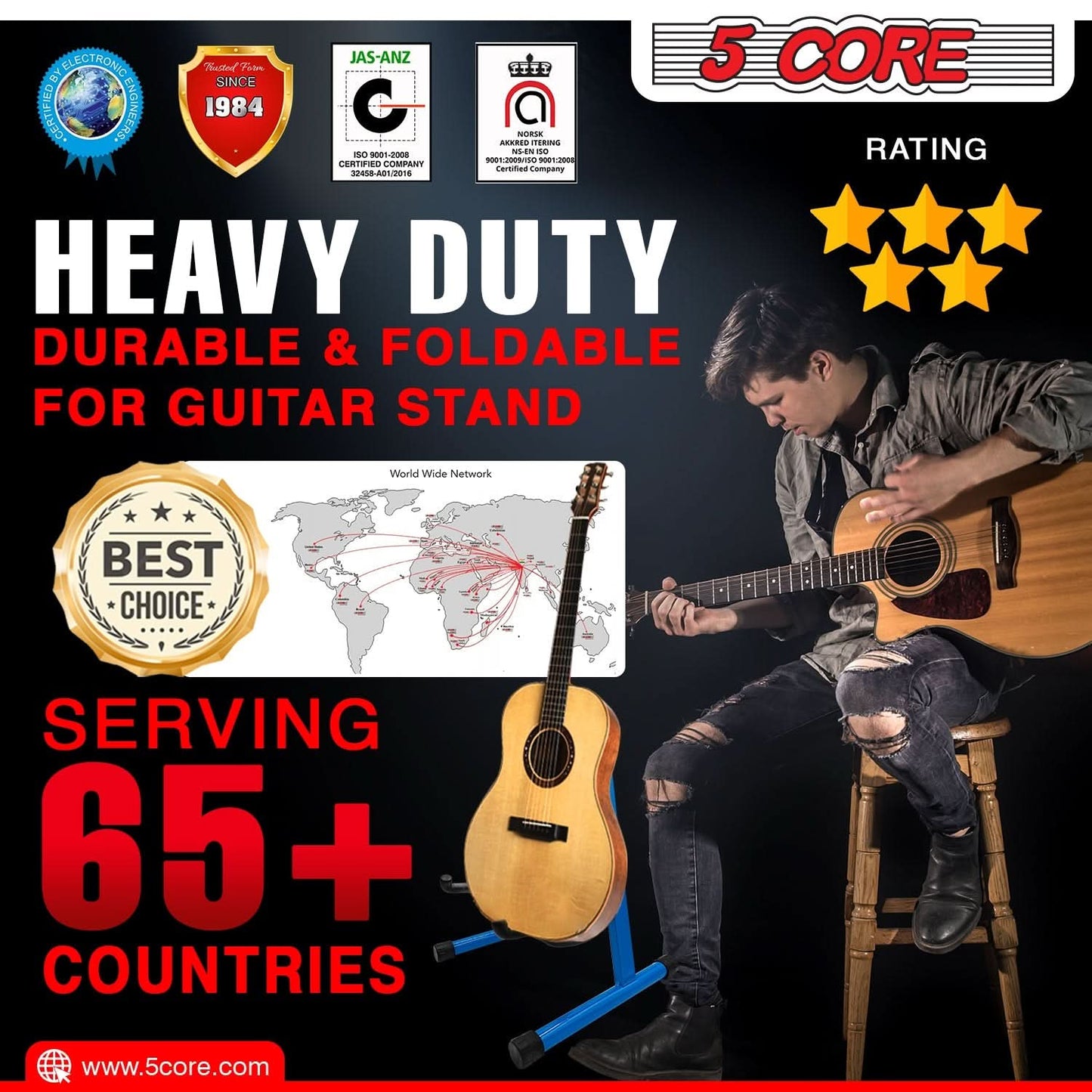 5 Core Guitar Stand A Frame Shape w Soft Foam Arm Non Slip Rubber for