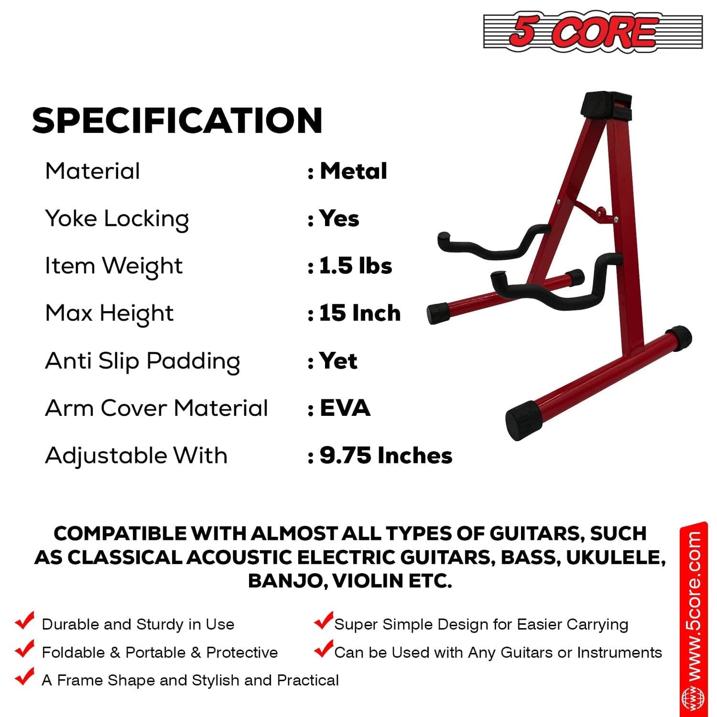 5 Core Guitar Stand A Frame Shape w Soft Foam Arm Non Slip Rubber for