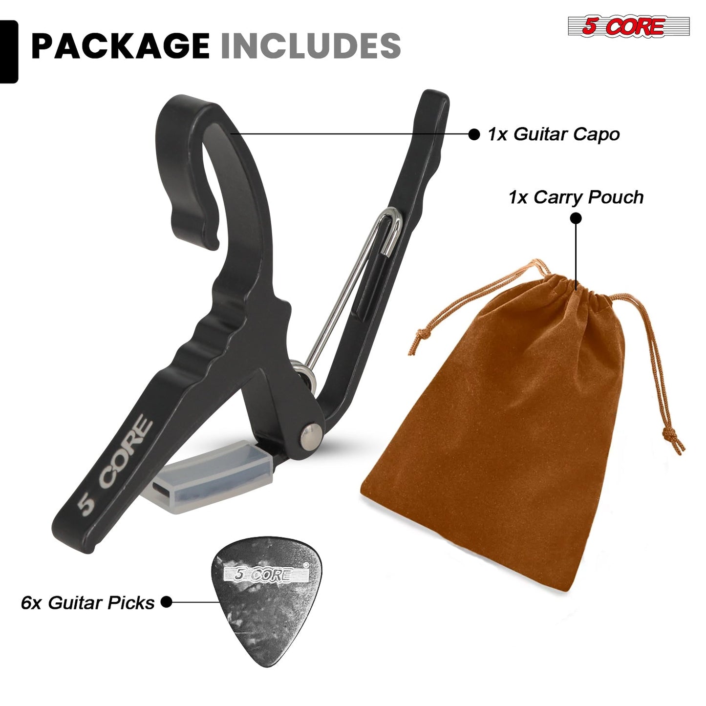 5Core Capo Acoustic Electric Guitar String Clip + 6Pcs Guitar Picks
