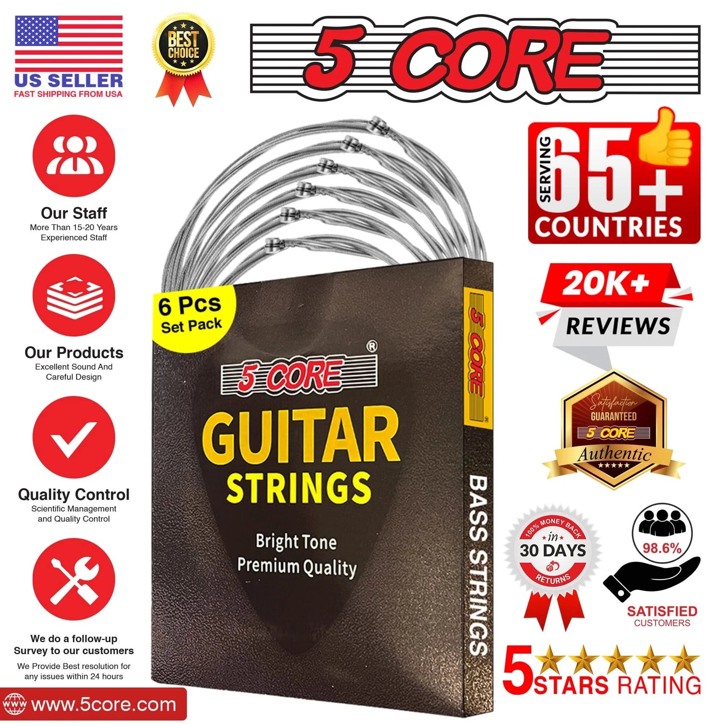 5Core Bass Electric Guitar Strings 0.045-.100 Gauge W Bright Tone for