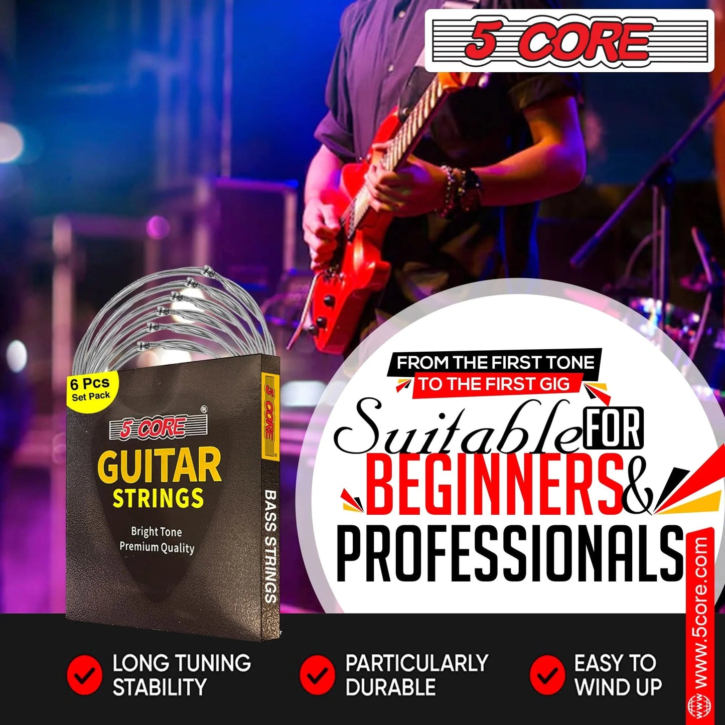 5Core Bass Electric Guitar Strings 0.045-.100 Gauge W Bright Tone for