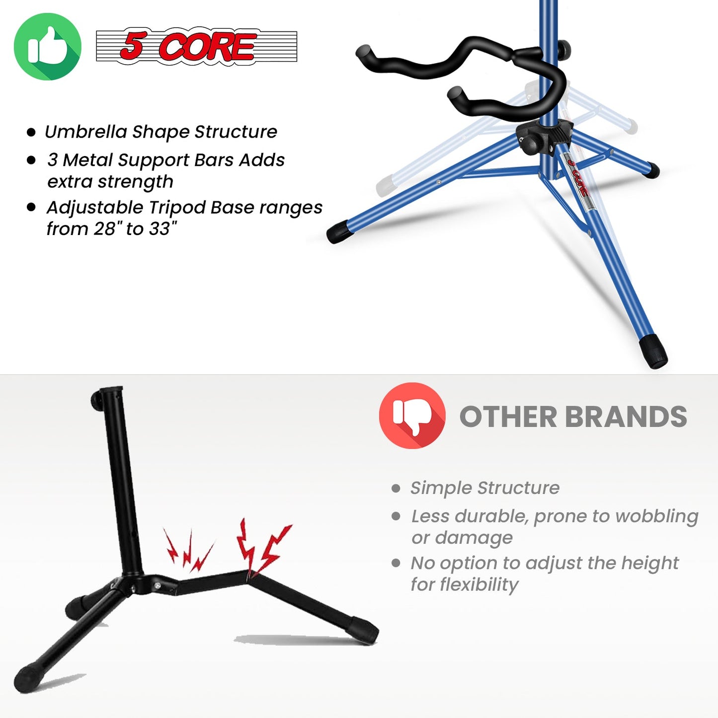 5 Core Guitar Stand Floor Adjustable Heavy Duty w Neck Holder for