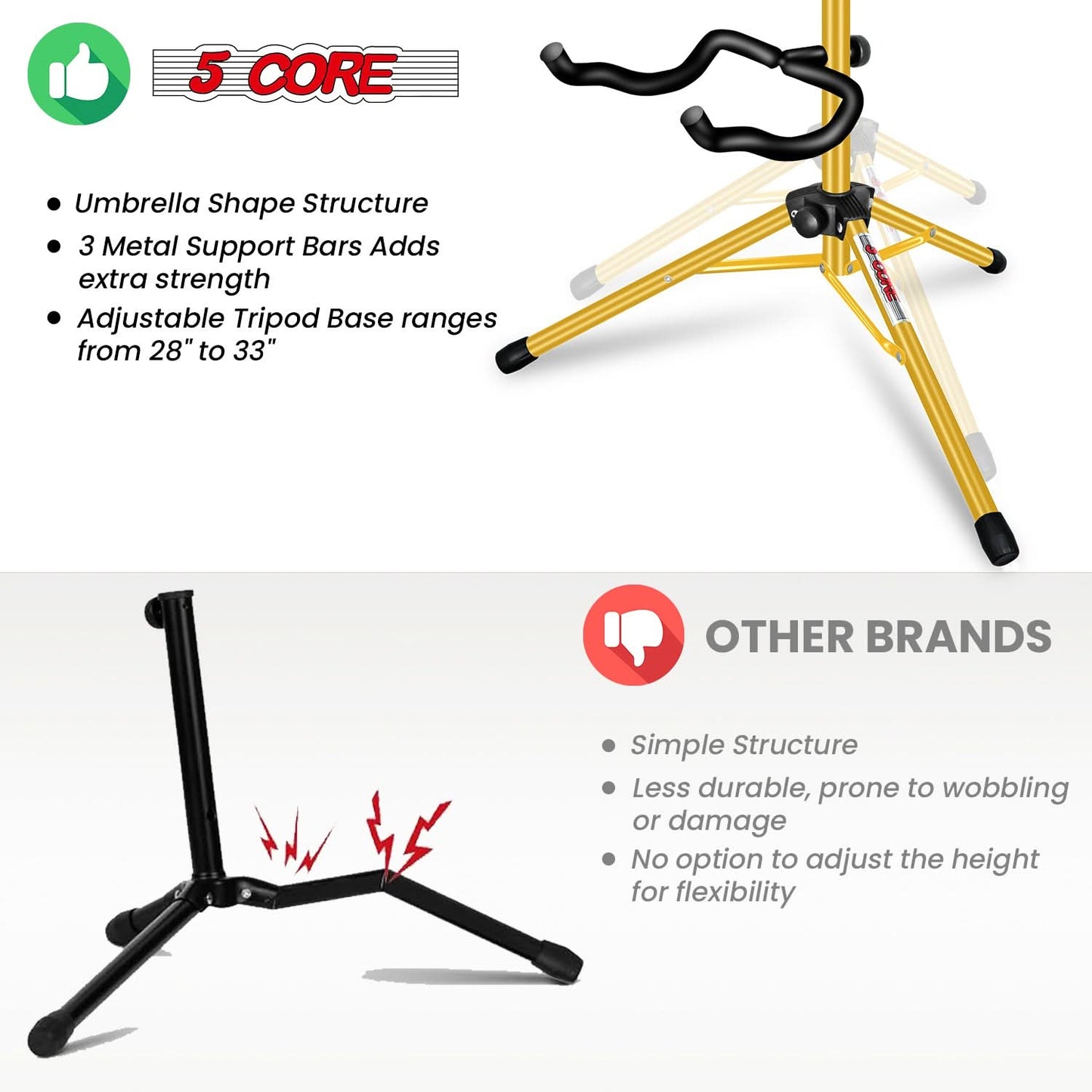 5 Core Guitar Stand Floor Adjustable Heavy Duty w Neck Holder for