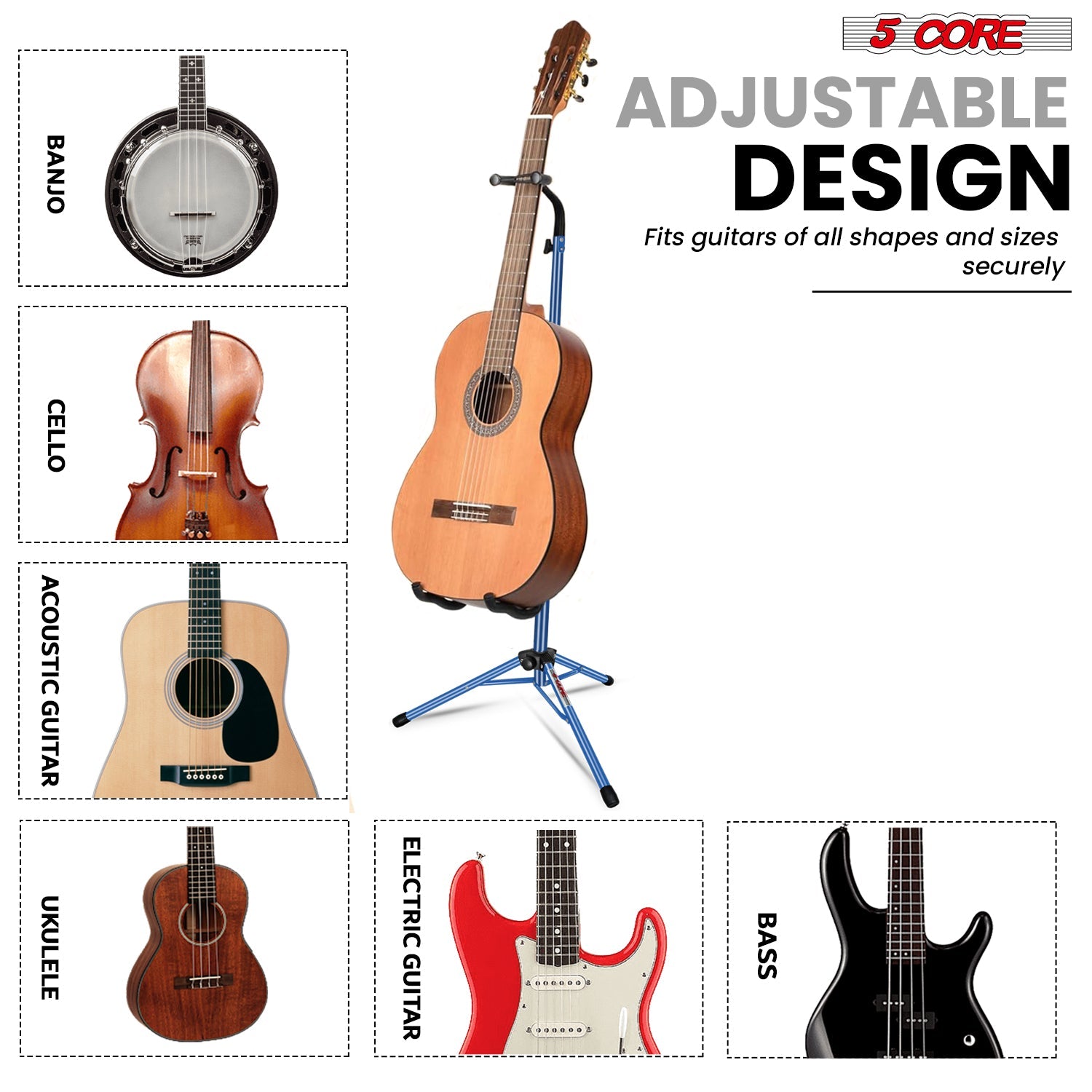 5 Core Guitar Stand Floor Adjustable Heavy Duty w Neck Holder for